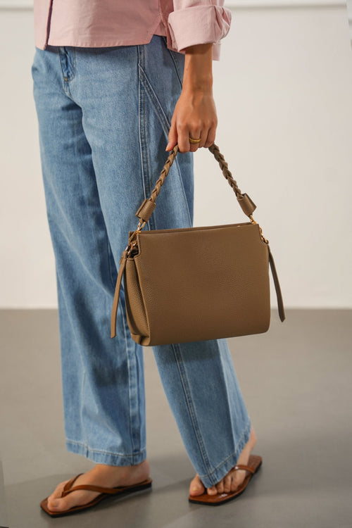 TAUPE BRAIDED TOP HANDLE BAG