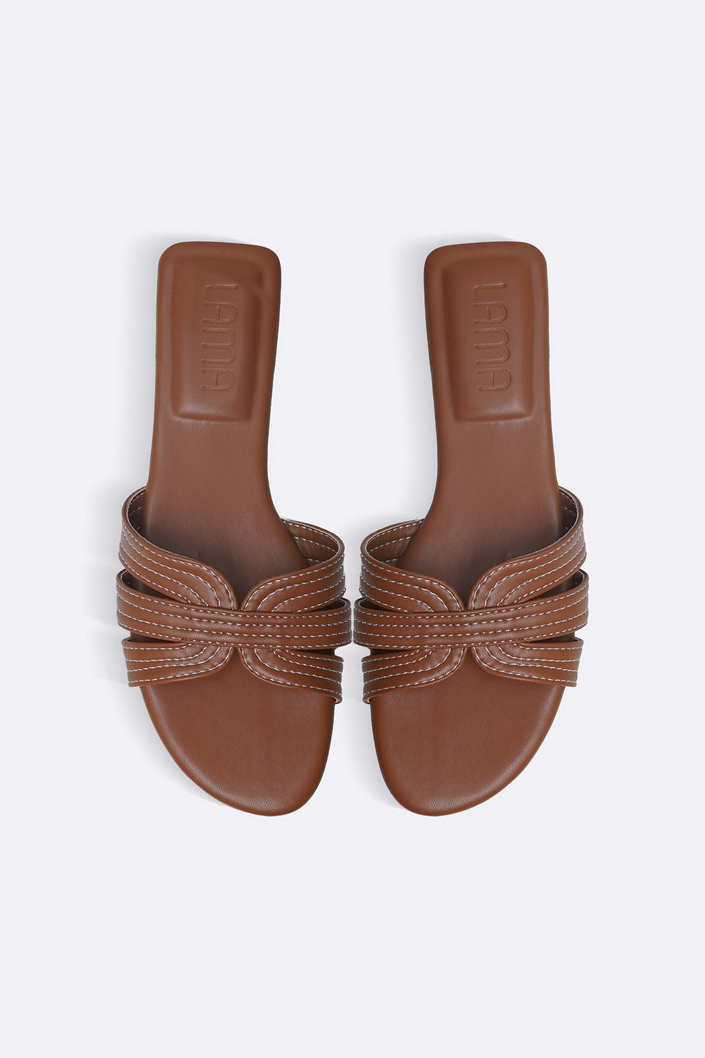 TAN STRAPPY STITCH SLIDES