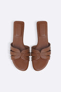 TAN STRAPPY STITCH SLIDES