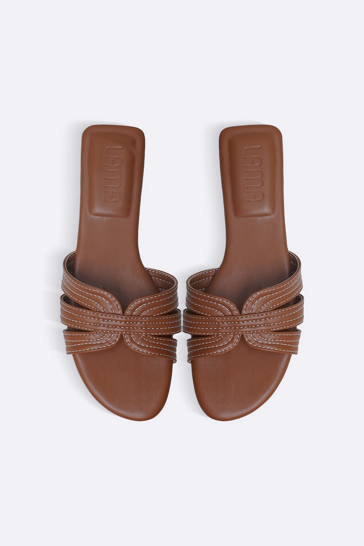 TAN STRAPPY STITCH SLIDES