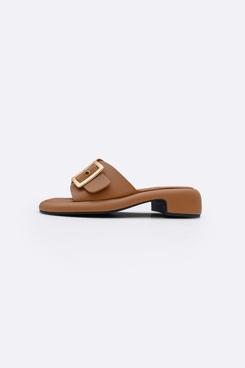 TAN BUCKLE MAMA SLIDES
