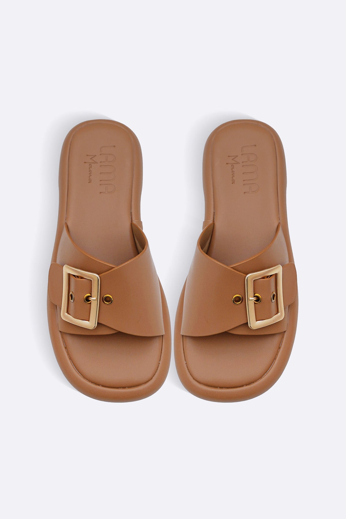 TAN BUCKLE MAMA SLIDES