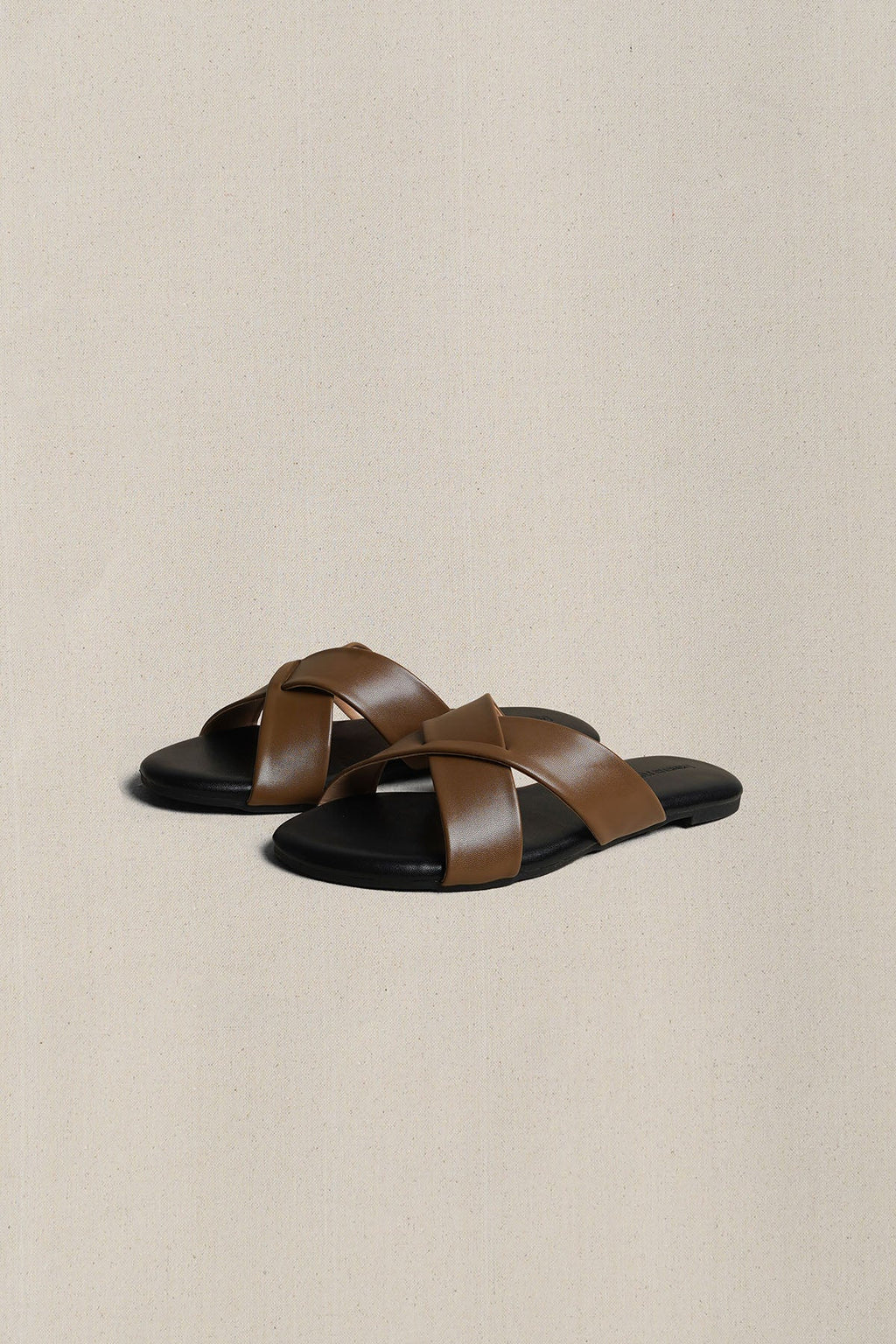 TAN CROSS STRAP SLIDES