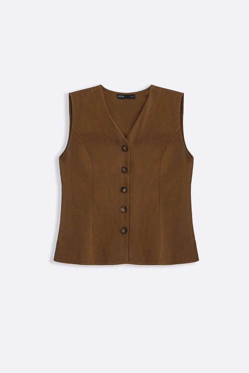 BROWN CASUAL COTTON MIX VEST
